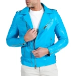 Asymmetric Zipper Light Blue Leather Moto Jacket