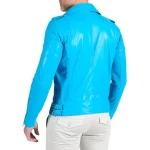 Asymmetric Zipper Light Blue Leather Moto Jacket