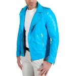 Asymmetric Zipper Light Blue Leather Moto Jacket