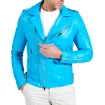 Asymmetric Zipper Light Blue Leather Moto Jacket