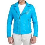 Asymmetric Zipper Light Blue Leather Moto Jacket