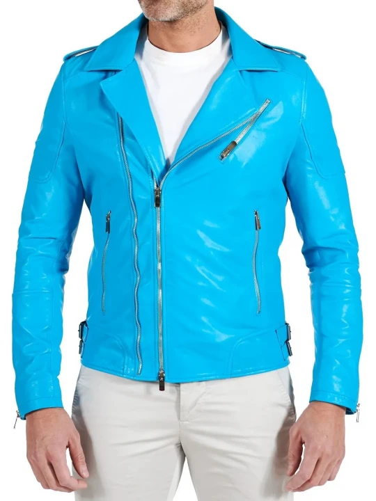 Asymmetric Zipper Light Blue Leather Moto Jacket