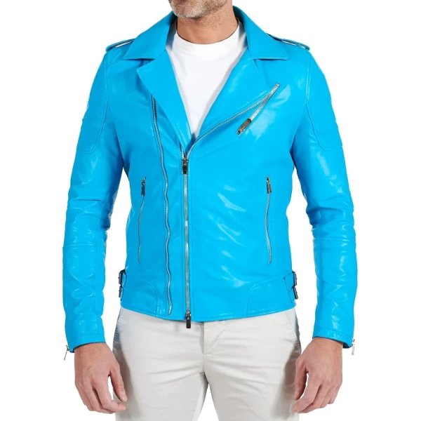 Asymmetric Zipper Light Blue Leather Moto Jacket