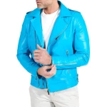 Asymmetric Zipper Light Blue Leather Moto Jacket