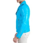 Asymmetric Zipper Light Blue Leather Moto Jacket