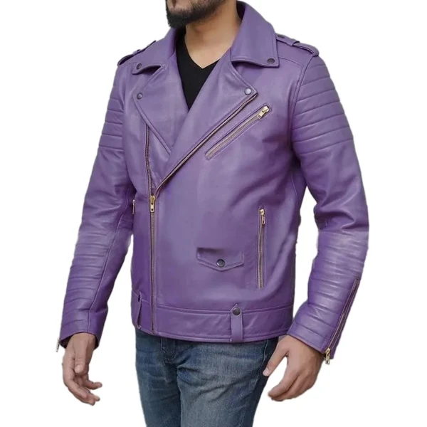 Asymmetric Zipper Purple Leather Moto Jacket