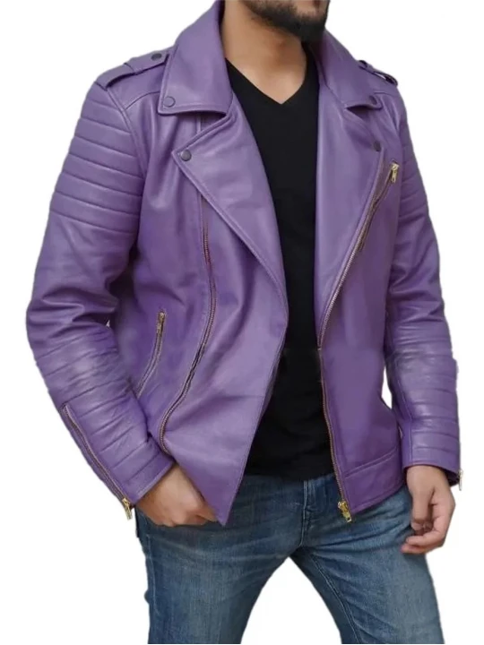 Asymmetric Zipper Purple Leather Moto Jacket