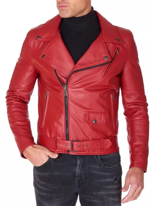 Asymmetric Zipper Red Leather Biker Jacket