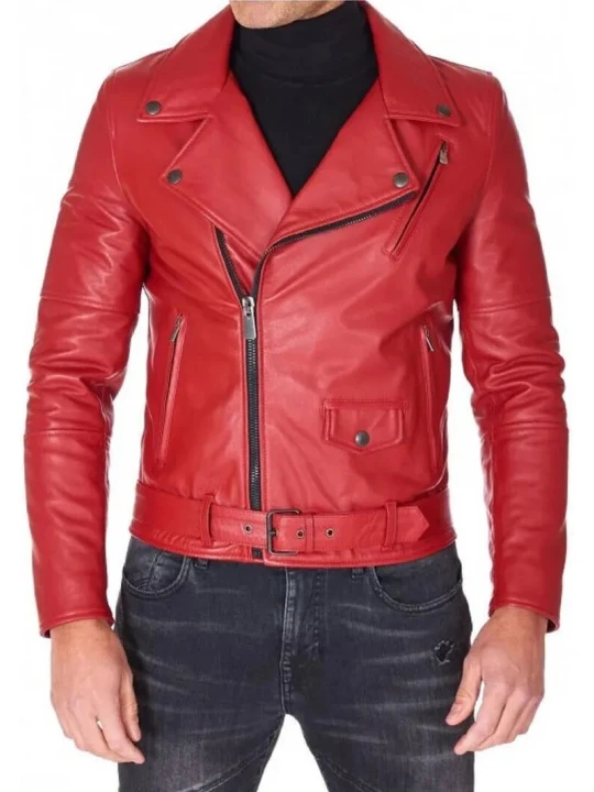 Asymmetric Zipper Red Leather Biker Jacket