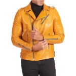 Asymmetric Zipper Yellow Leather Biker Jacket