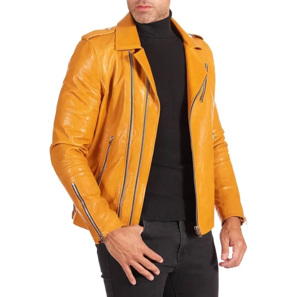 Asymmetric Zipper Yellow Leather Biker Jacket