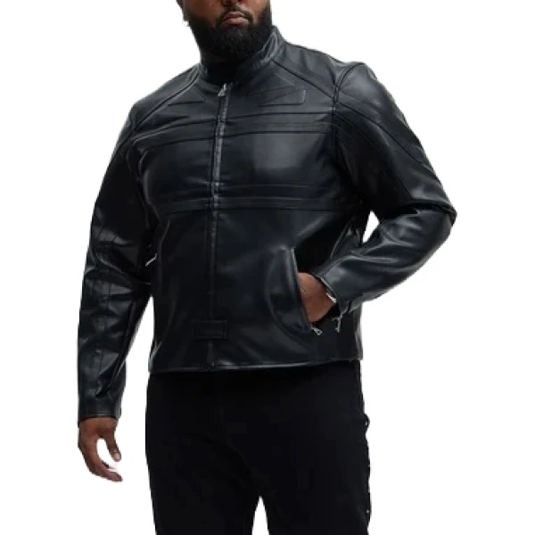 Band Collar Black Leather Biker Jacket