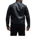 Band Collar Black Leather Biker Jacket