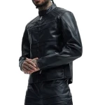 Band Collar Black Leather Biker Jacket