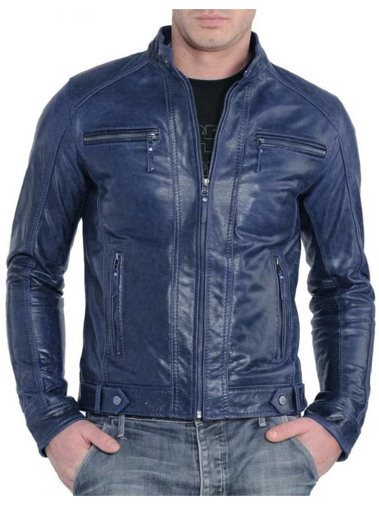 Band Collar Blue Leather Biker Jacket