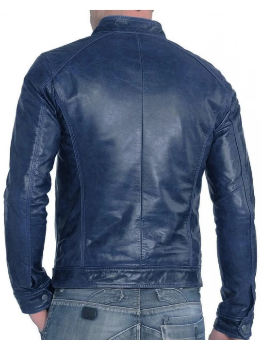 Band Collar Blue Leather Biker Jacket