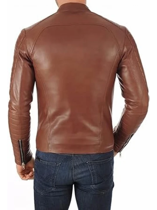 Band Collar Brown Leather Moto Jacket