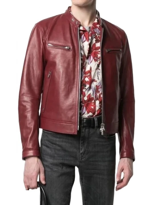 Band Collar Burgundy Leather Biker Jacket