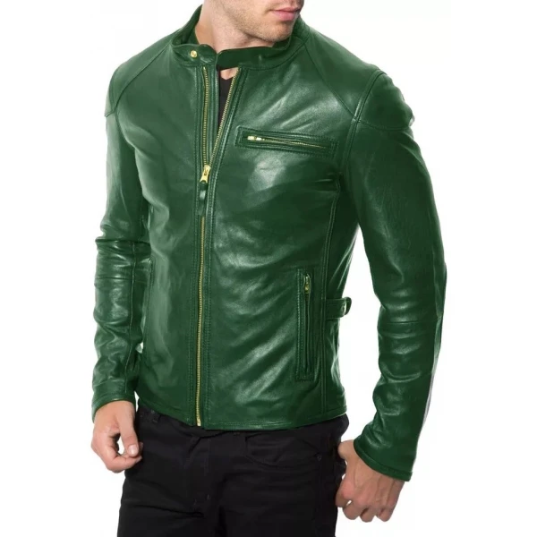Band Collar Green Leather Biker Jacket