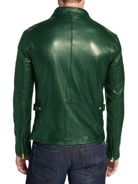 Band Collar Green Leather Biker Jacket