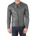 Band Collar Grey Leather Biker Jacket