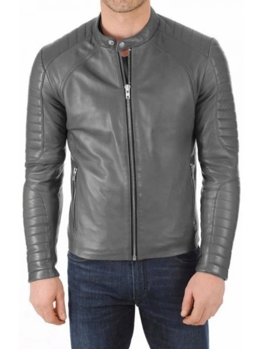 Band Collar Grey Leather Biker Jacket