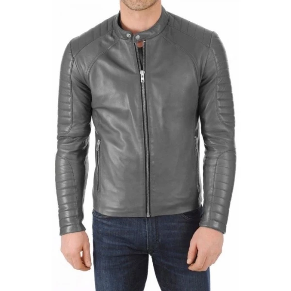 Band Collar Grey Leather Biker Jacket