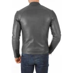 Band Collar Grey Leather Biker Jacket