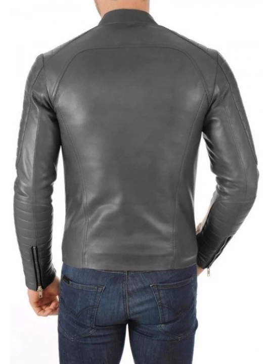 Band Collar Grey Leather Biker Jacket