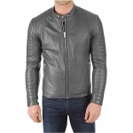 Band Collar Grey Leather Moto Jacket