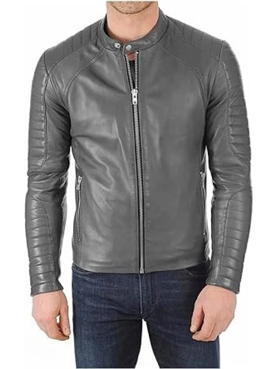 Band Collar Grey Leather Moto Jacket