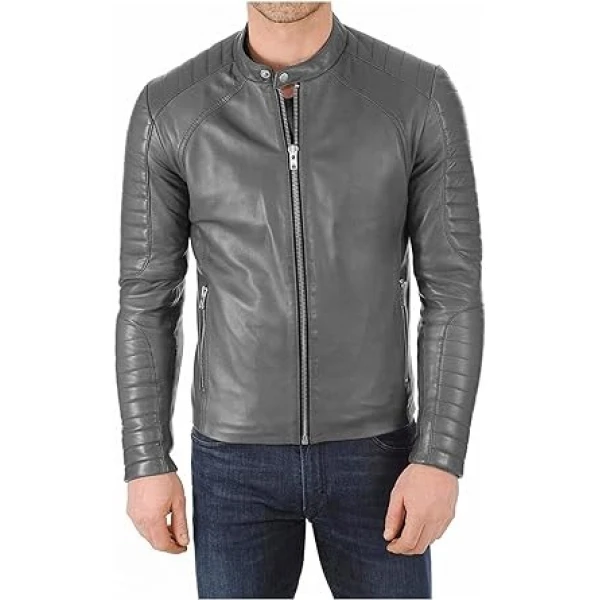 Band Collar Grey Leather Moto Jacket