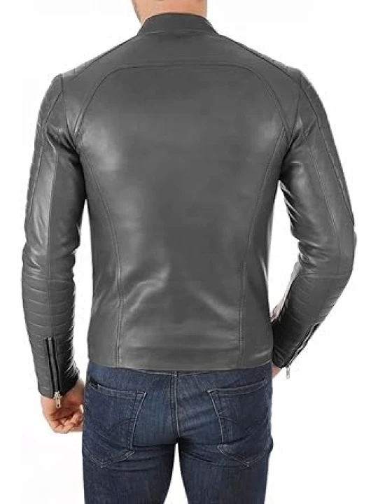 Band Collar Grey Leather Moto Jacket
