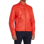 Band Collar Orange Leather Biker Jacket