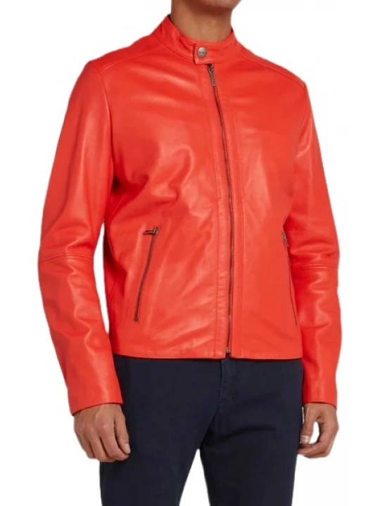 Band Collar Orange Leather Biker Jacket