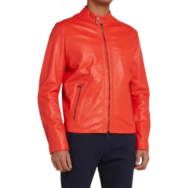 Band Collar Orange Leather Biker Jacket