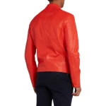 Band Collar Orange Leather Biker Jacket