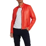 Band Collar Orange Leather Biker Jacket