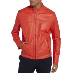 Band Collar Orange Leather Biker Jacket