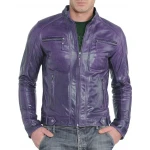 Band Collar Purple Leather Biker Jacket