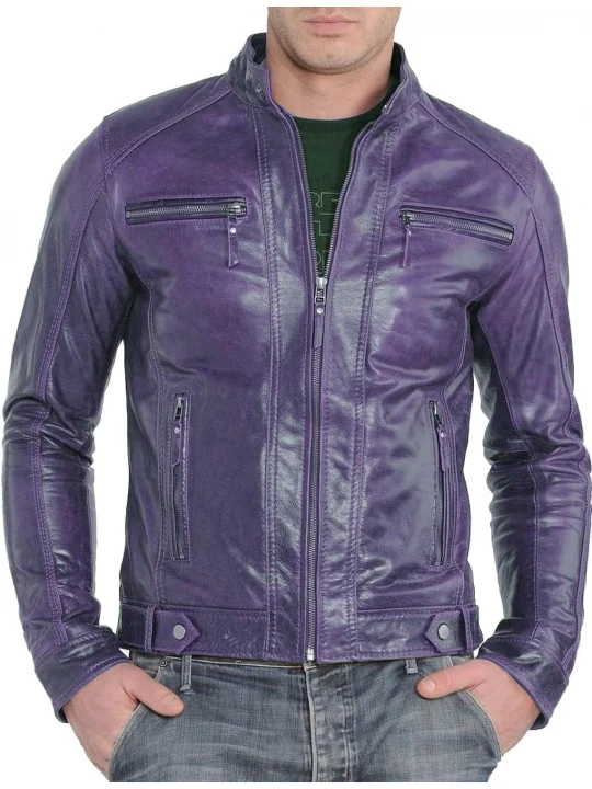 Band Collar Purple Leather Biker Jacket