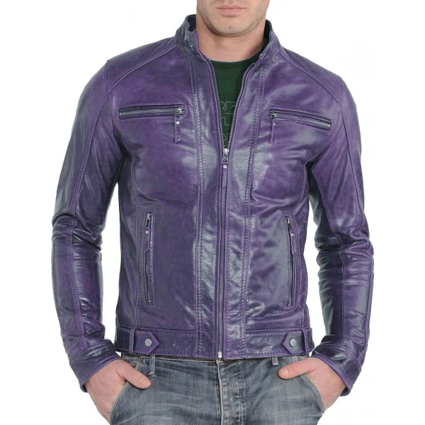Band Collar Purple Leather Biker Jacket