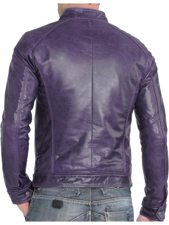 Band Collar Purple Leather Biker Jacket