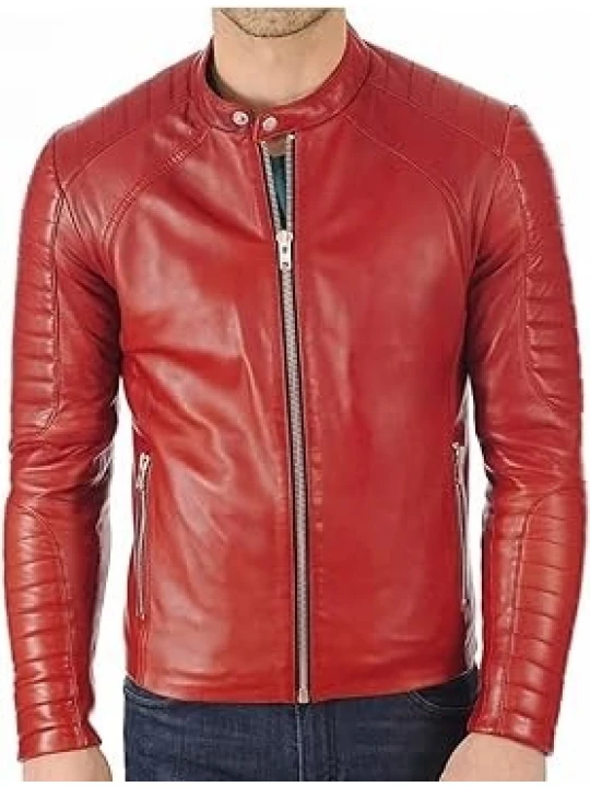 Band Collar Red Leather Moto Jacket