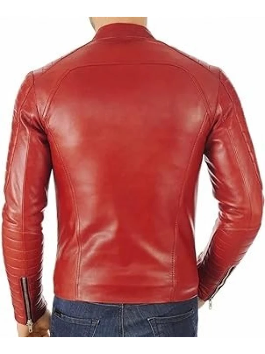 Band Collar Red Leather Moto Jacket