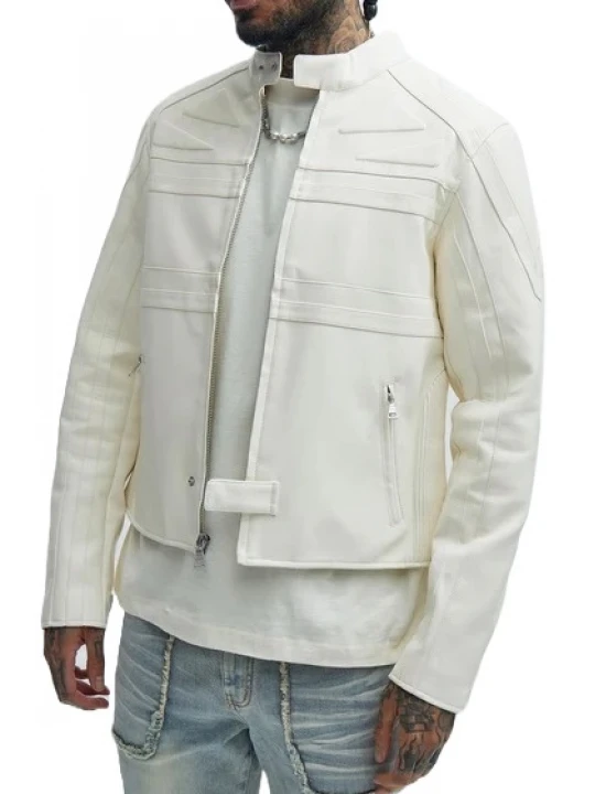 Band Collar White Leather Biker Jacket