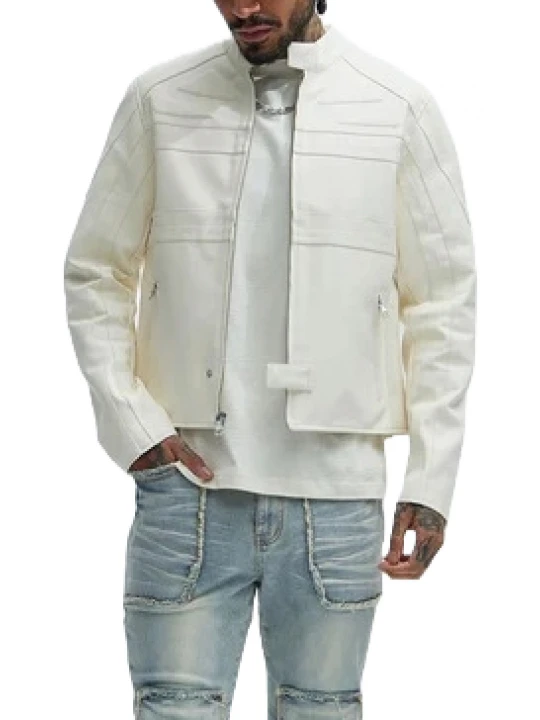 Band Collar White Leather Biker Jacket