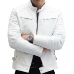 Band Collar White Leather Moto Jacket