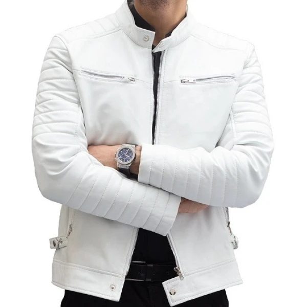 Band Collar White Leather Moto Jacket