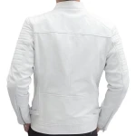Band Collar White Leather Moto Jacket